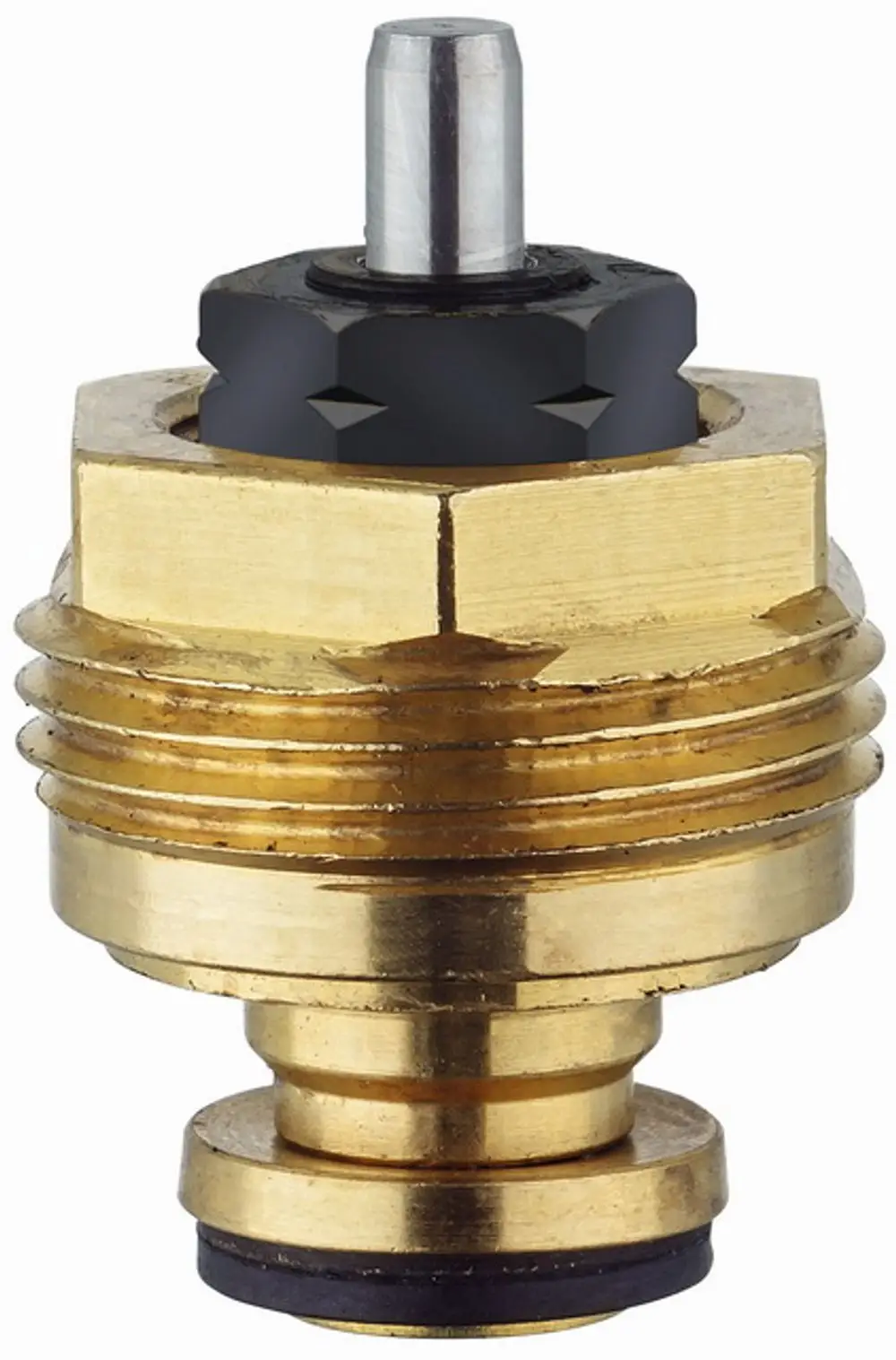 HEIMEIER Bauteil mit einem hexagonalen Kopf und einem zylindrischen Auslass. Aus Messing gefertigt, Teil von Hydronik-Systemen von IMI Hydronic Engineering.